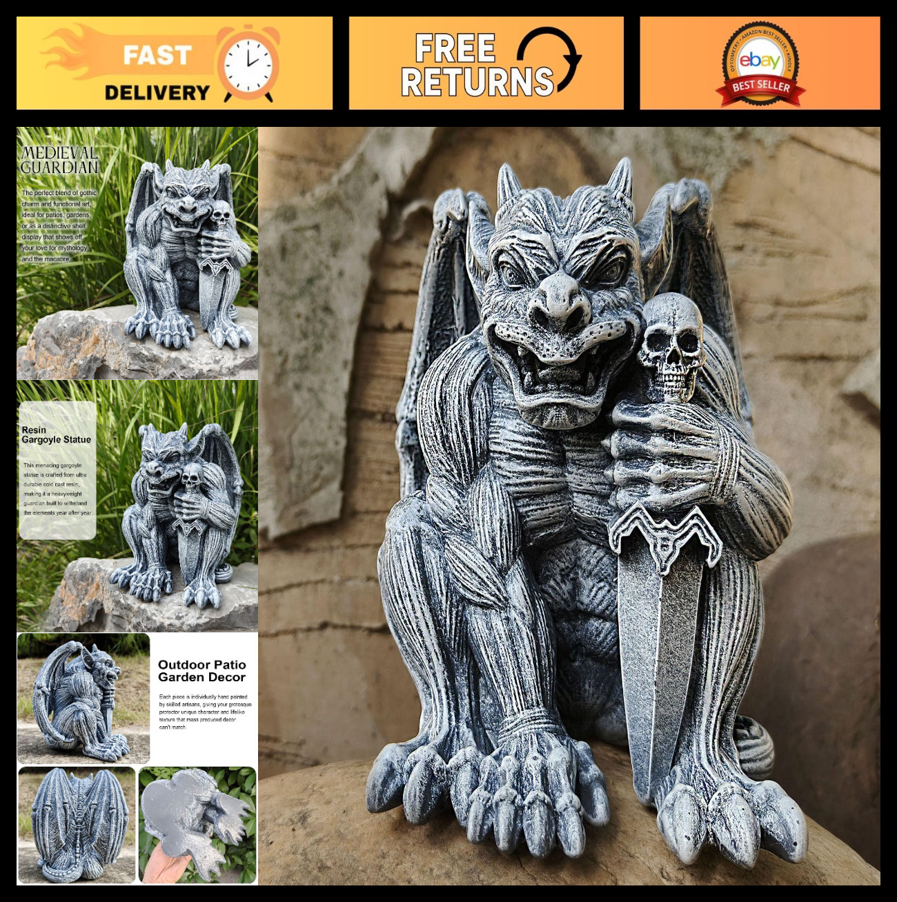 Intricate Resin Gargoyle Statue with Wings & Skull - Indoor/Outdoor Garden Decor gallery