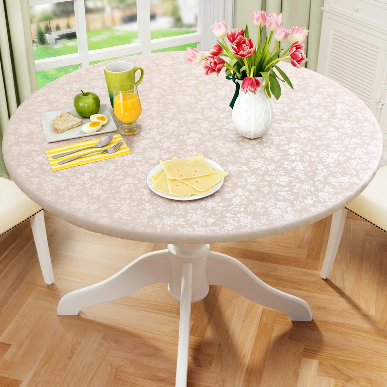 Round Picnic Tablecloth, Elastic For Up To 45“-56” Round, Beige gallery