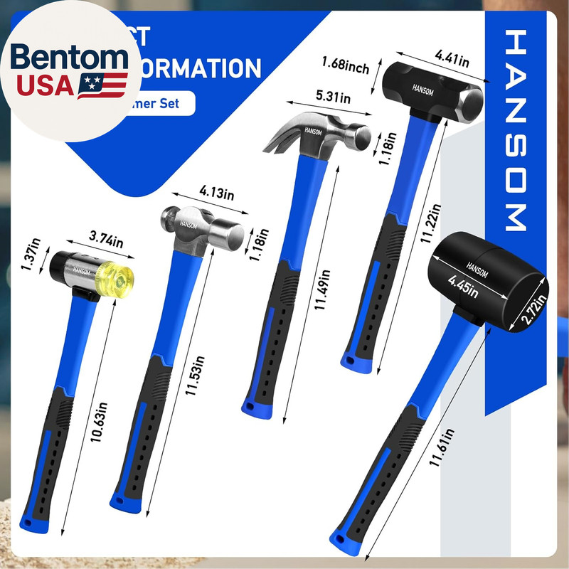5-Pack Hammer Set,Rubber Mallet 32Oz, Double-Faced Mallet 22Oz,16Oz Claw Hammer, gallery