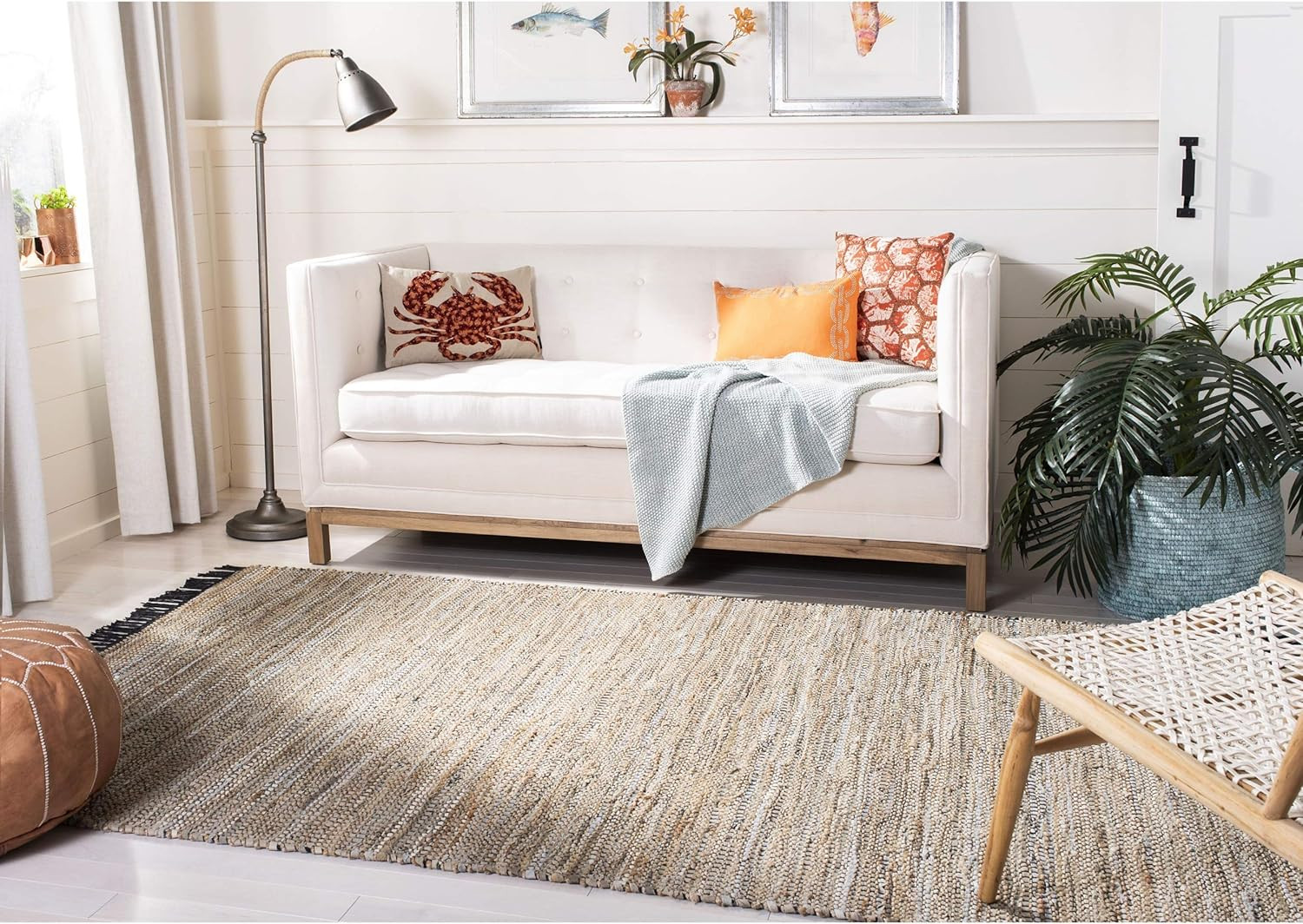 Handmade Boho Fringe Leather & Jute Area Rug 6' x 9' - Beige Vintage Charm gallery