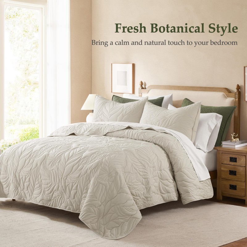 Beige King Size Quilt Set, Neutral Soft Lightweight Bedspread, Farmhouse Rustic gallery