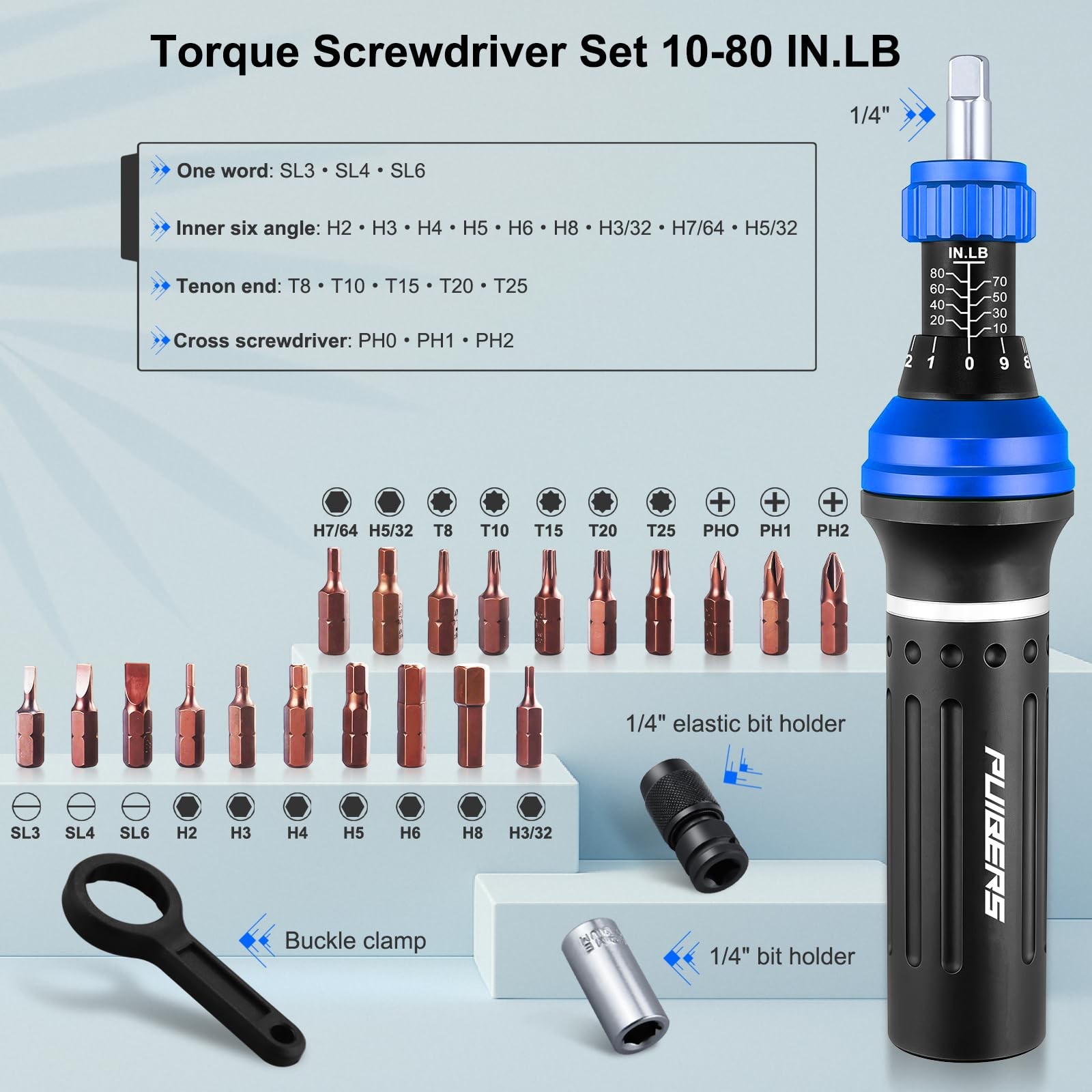 PUIBERS 25-Piece Inch Pound Torque Screwdriver Set 1/4 Drive 10-80 In.lb gallery
