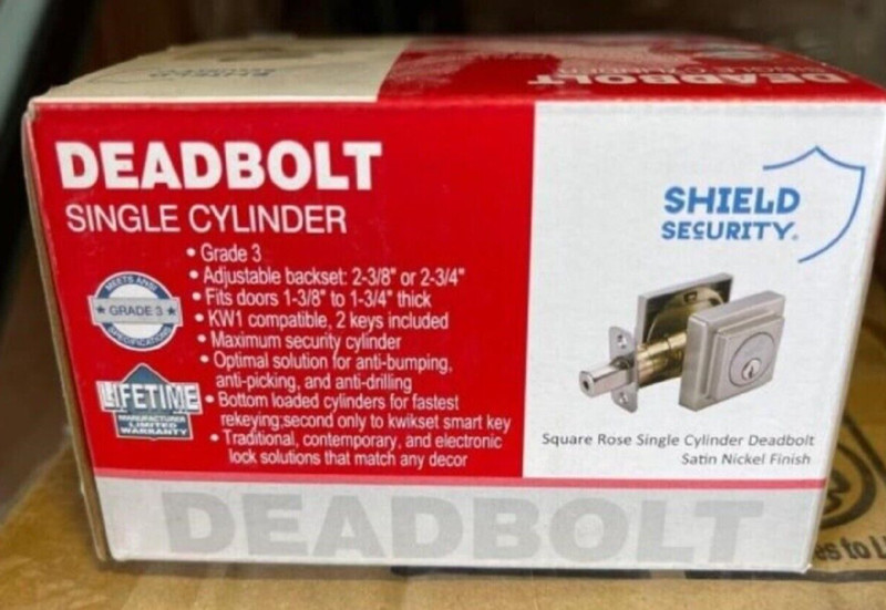 QTY 2- Shield Security Square Rose Single Cylinder Deadbolt Satin Nickel Finish gallery