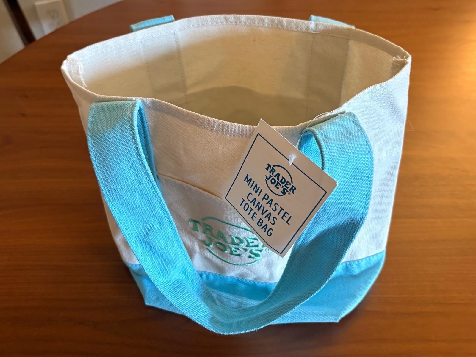 Trader Joe's Mini Canvas Reusable Pastel Blue Tote Bag Spring NWT gallery