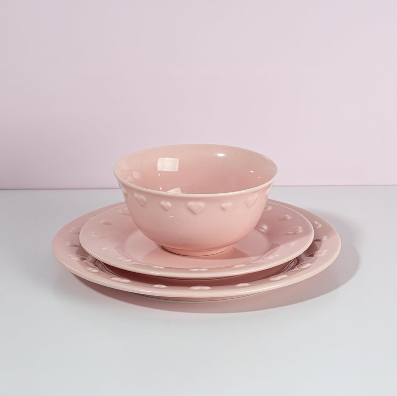 Ceramic Stoneware 12-Piece Dinnerware Set, Embossed Hearts. Iconic gallery