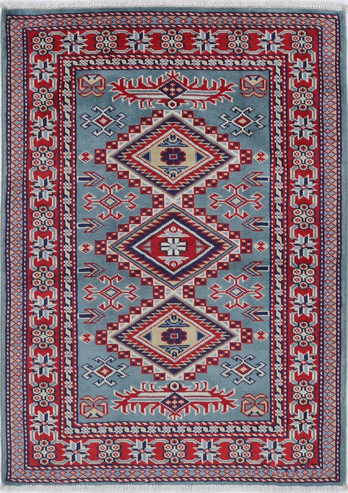2x3 ft Handmade Blue, Red, Ivory Wool Accent Rug with Geometric Medallion Design gallery