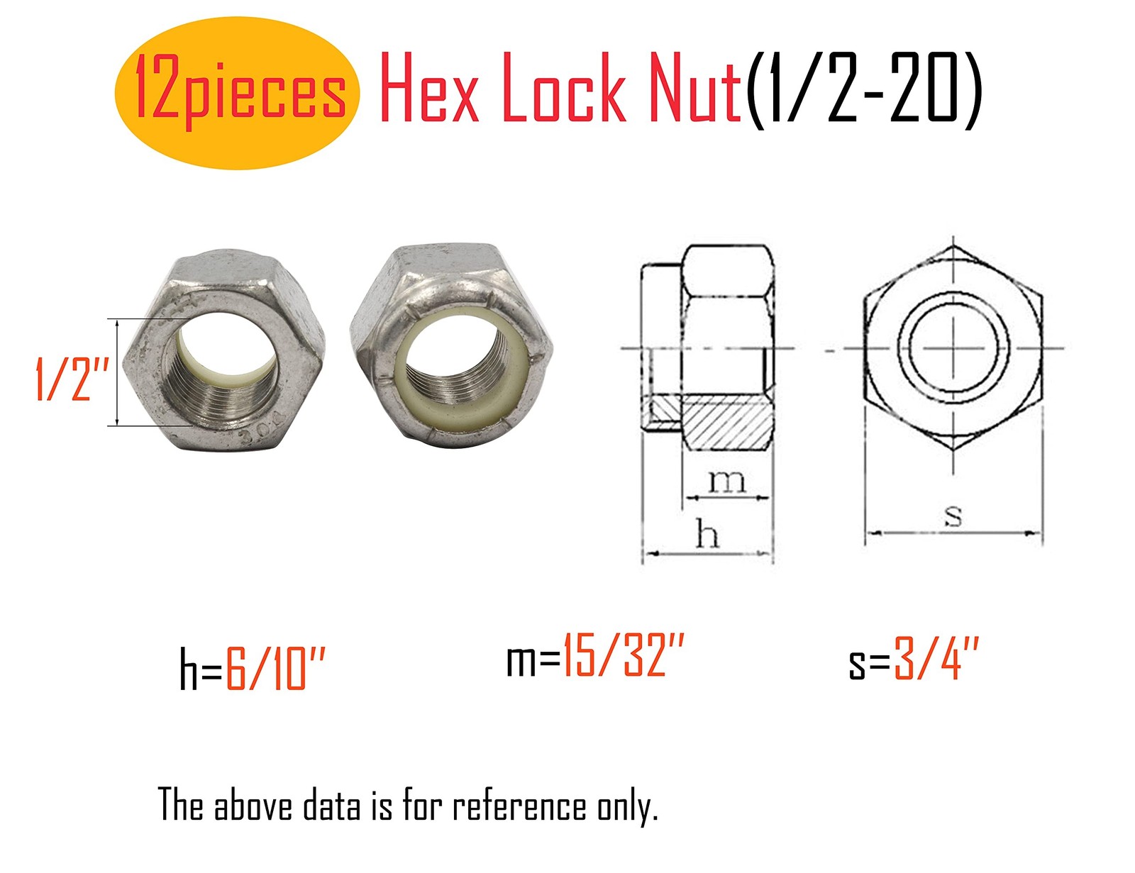 LBY 12pcs Lock Nuts, 1/2-20 Nylon Insert Hex Lock Nuts, 304 Stainless Steel (... gallery