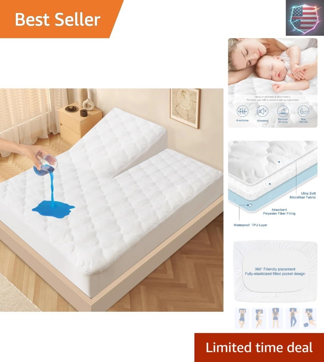 Split Top King Mattress Protector Pad Waterproof Quilted, 34" Top Split from ... gallery
