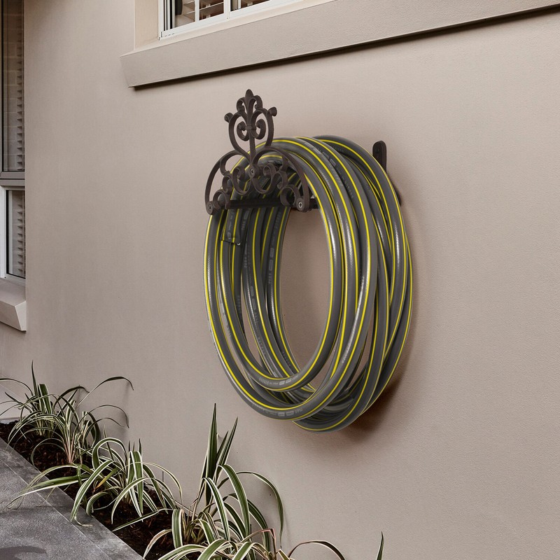 Wall Mounted Brown Cast Iron Scrollwork Garden Hose Holder Reel Storage Rack gallery