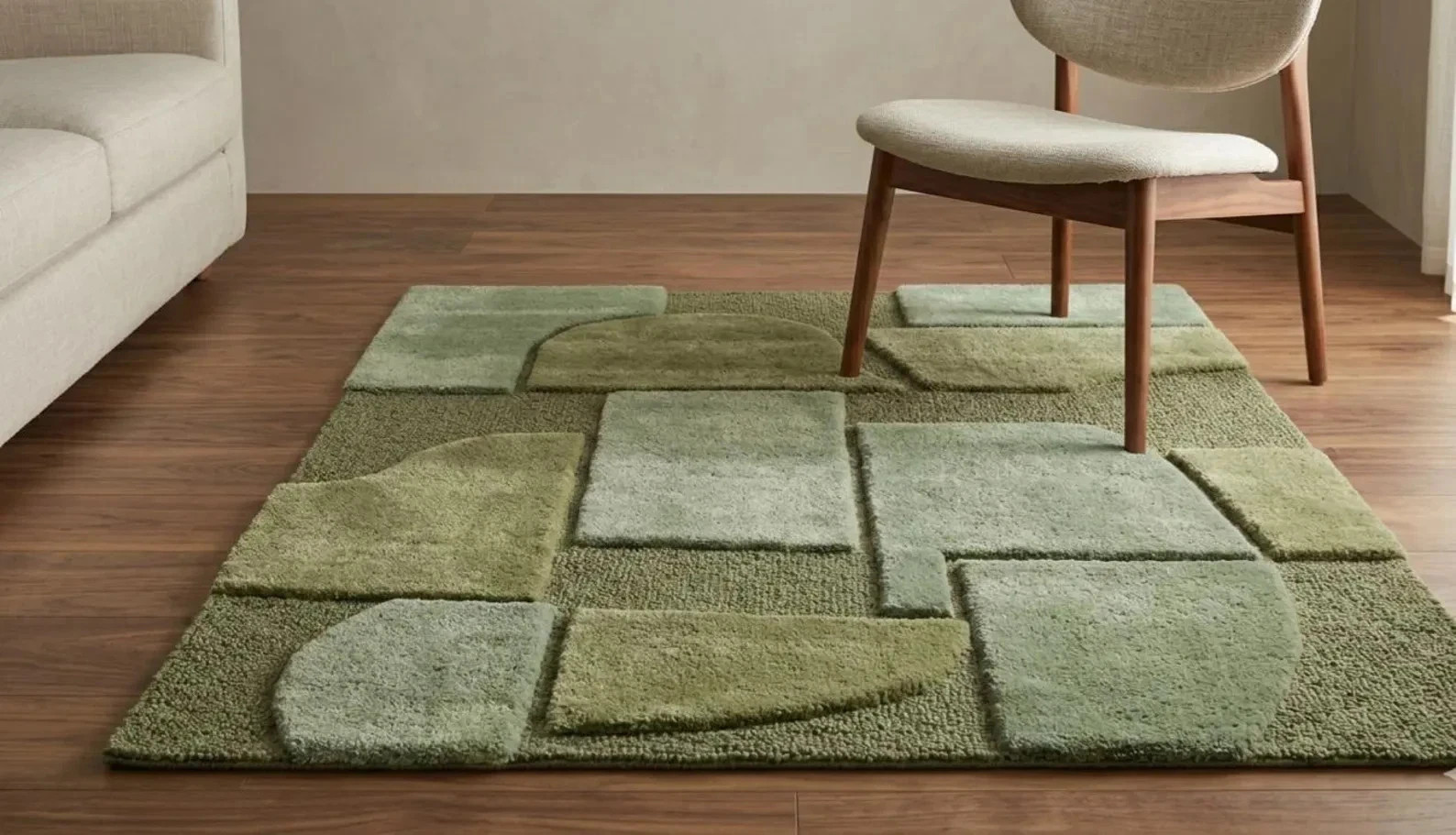 Handmade Sage Green Geometric Area Rug – High-Low Pile Abstract Tufted Carpet gallery