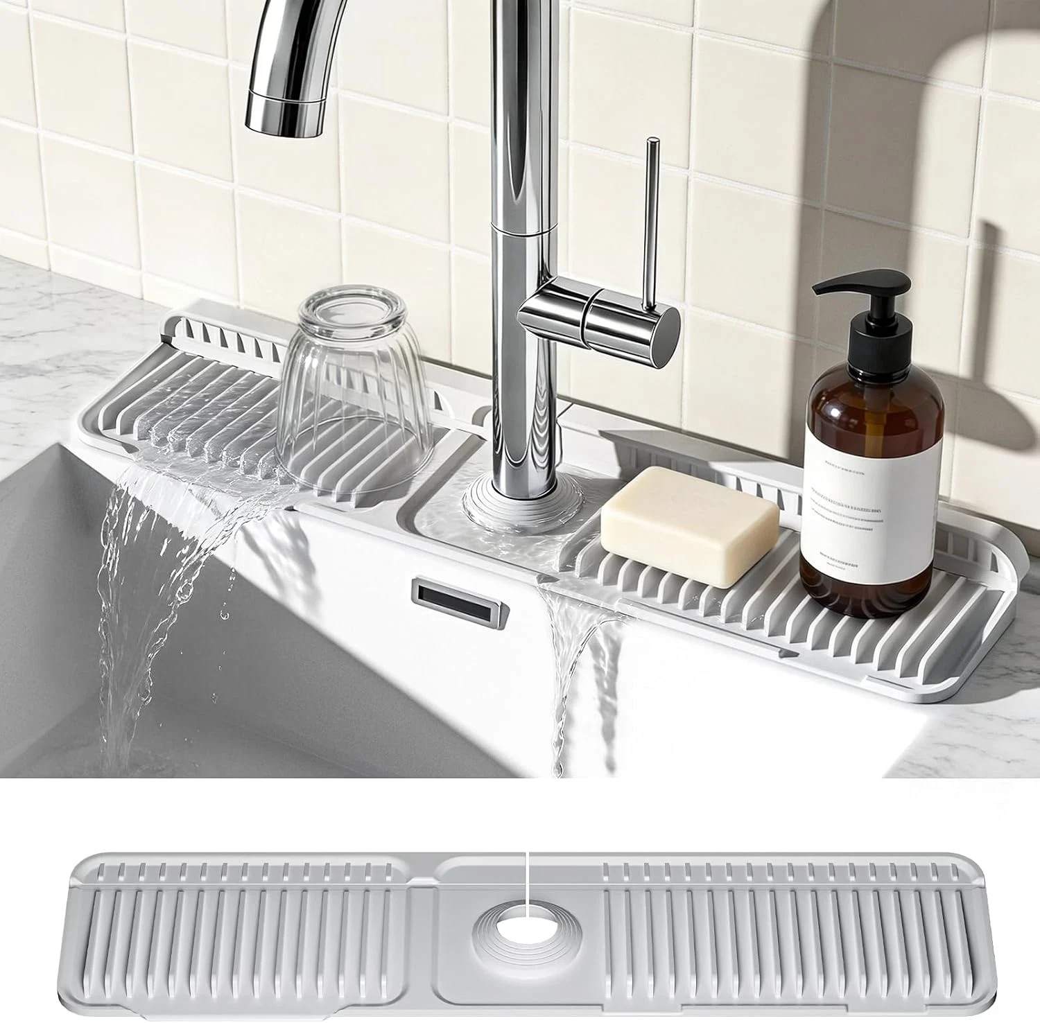 24" Silicone Faucet Mat Kitchen Sink Splash Guard Fast Drain Drying Tray Grey gallery