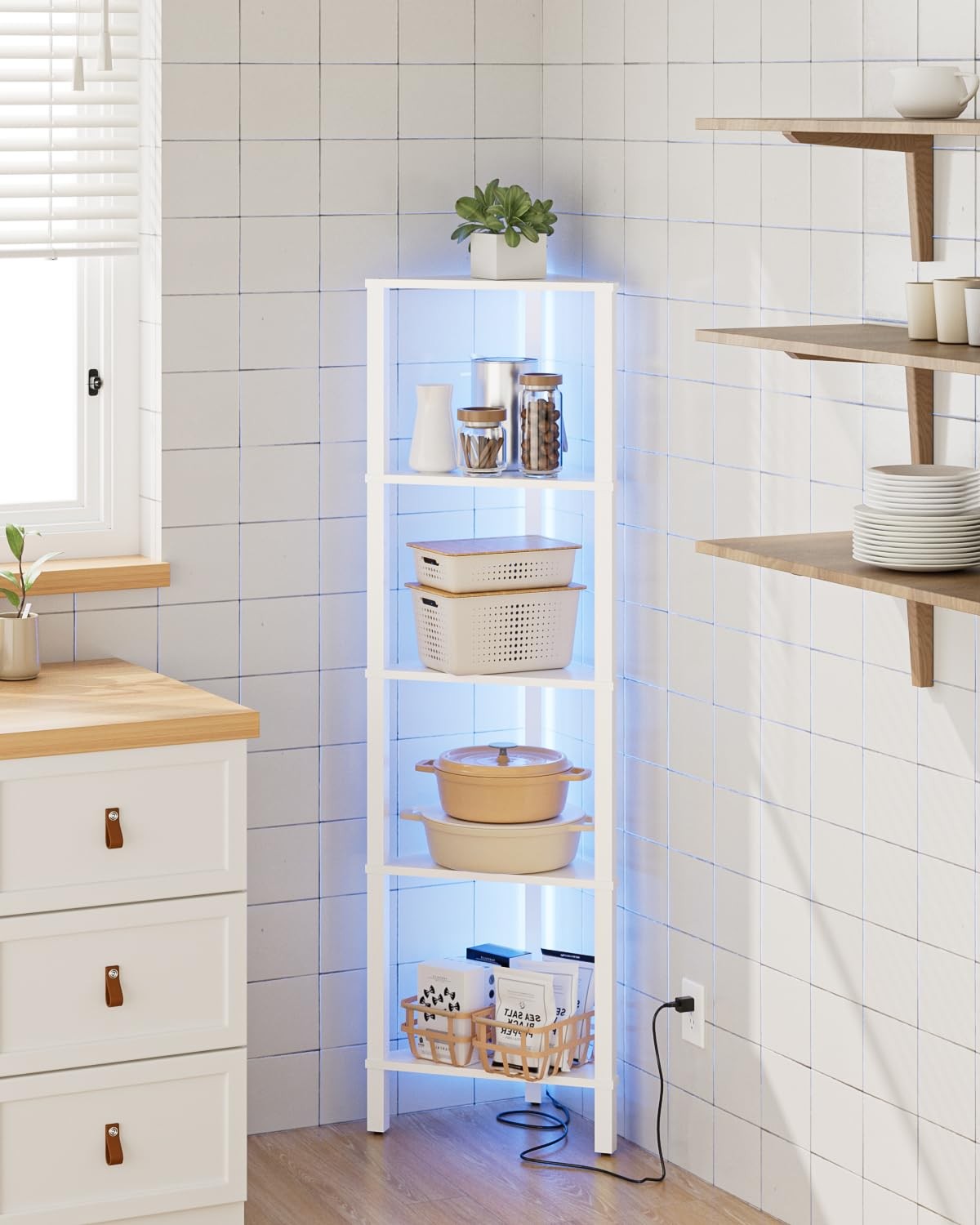 Corner Shelf with LED Light, 5-Tier Corner Bookshelf, Narrow Display Shelf with gallery