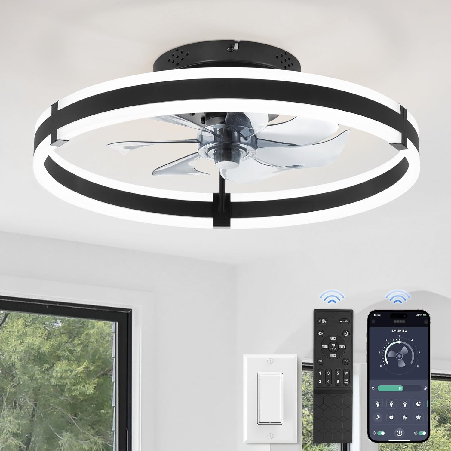 ZMISHIBO 19.7'' Low Profile Ceiling Fan Dimmable 3000-6000K Lights Remote, Black gallery