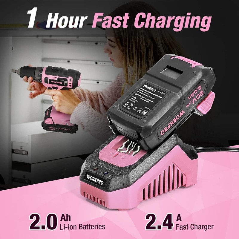 20V Pink Cordless Drill Driver Set, 3/8” Keyless Chuck, 2.0 Ah Li-ion Battery... gallery