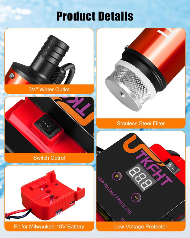 Mini Water Pump Compatible with Milwaukee 18V Battery, 500GPH Draw Water Pump wi gallery