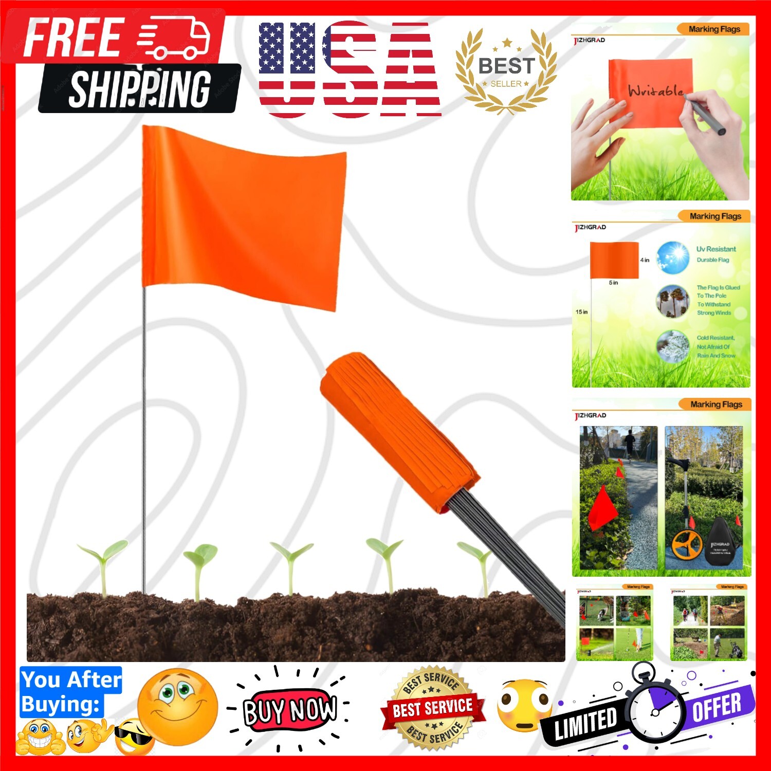 Marking Flags 50 count - 15X4X5 Inch Color Flags for Lawn, Survey, Irrigation gallery