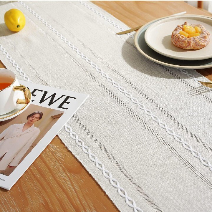 Farmhouse Linen Fabric Table Runner With Tassels 13" x 48" gallery