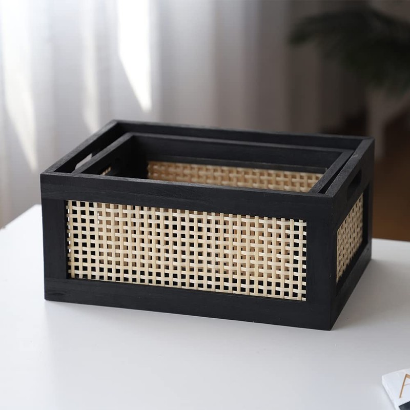Wood Baskets, Rattan Storage Baskets for Organizing, Black, Set of 2 gallery