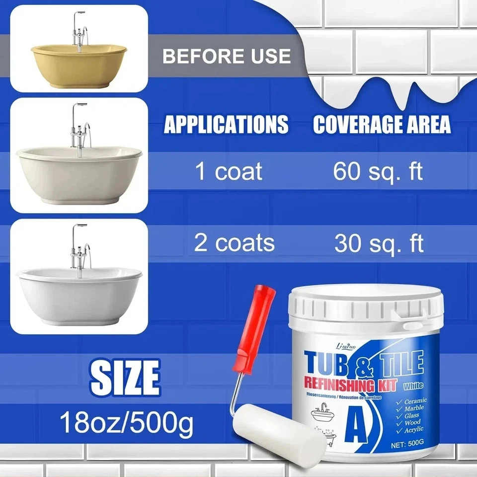 Tub and Tile Refinishing Kit - 17Oz Semi-Gloss White Tile Paint with Tools for B gallery