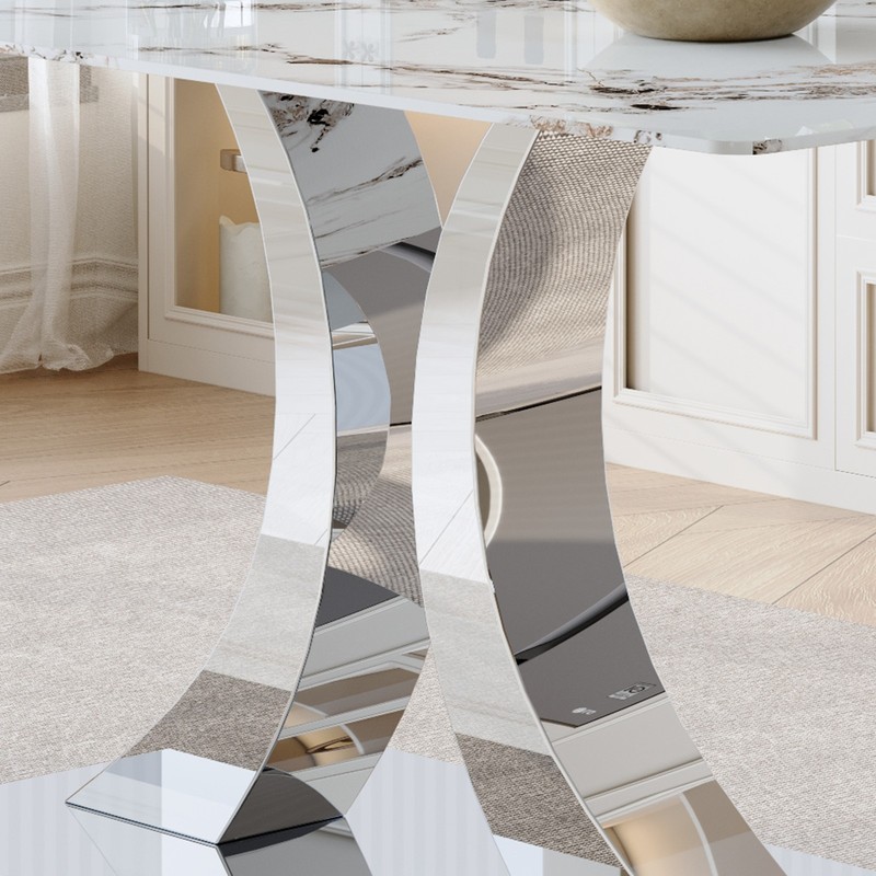 63-inch Dining Table Set with 4 Upholstered Chairs, White Glass Top gallery