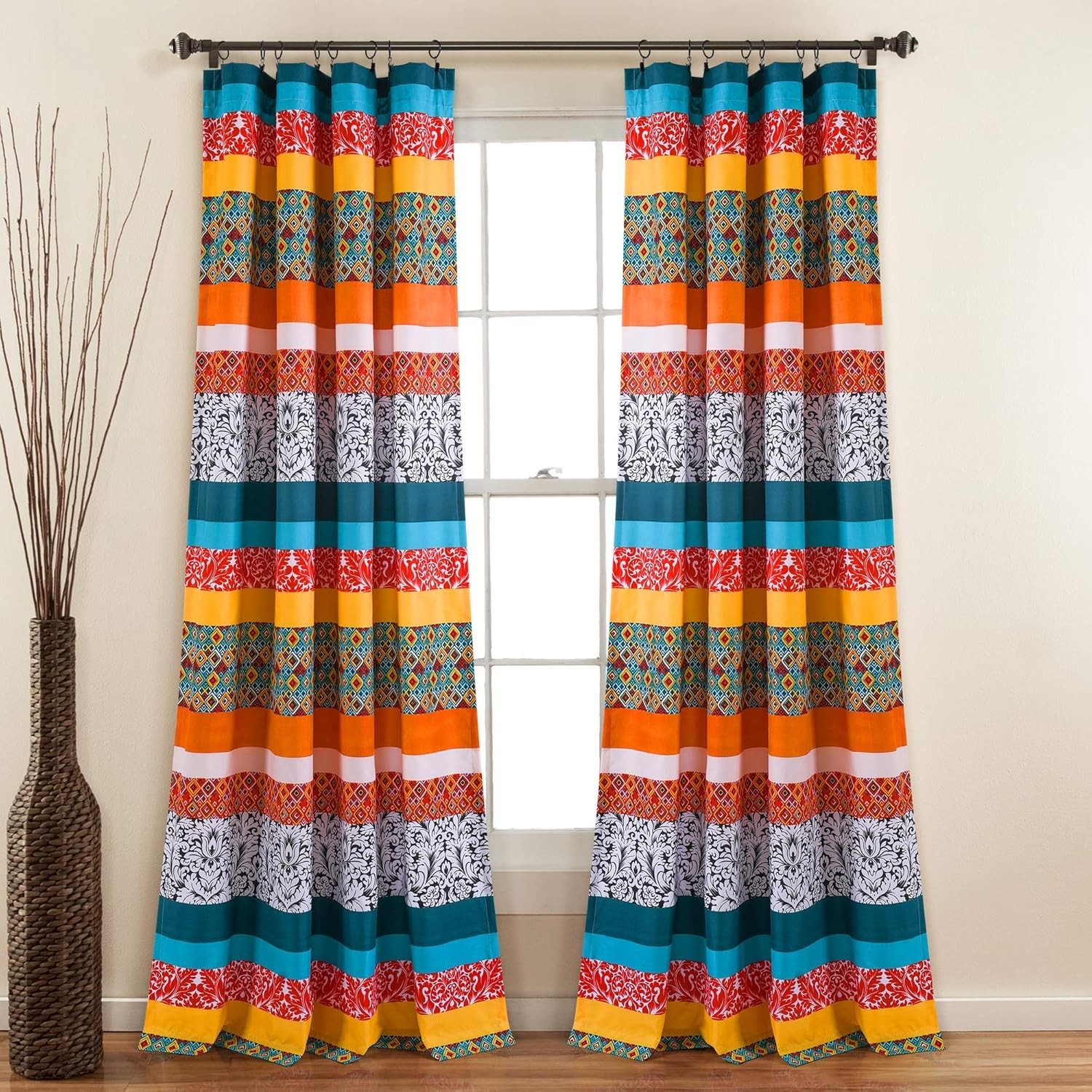Boho Stripe Window Curtain Bohemian Geomatric Floral Design Panel Pair 52" W x gallery