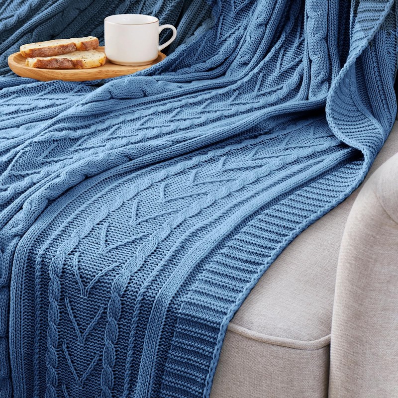 Dusty Blue Cable Knit Throw Blankets for Couch Bed Sofa Acrylic Knitted Blank... gallery