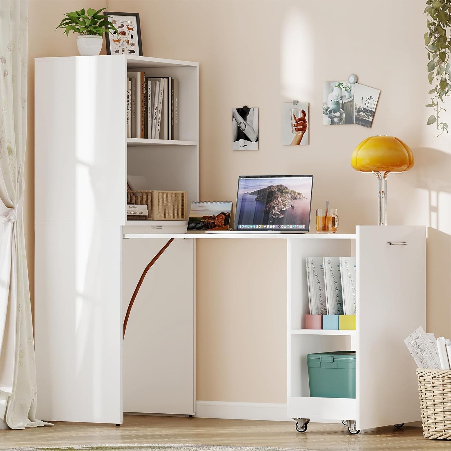 Folding Desk with Storage, Convertible Table with Shelves & Wheels, Craft gallery