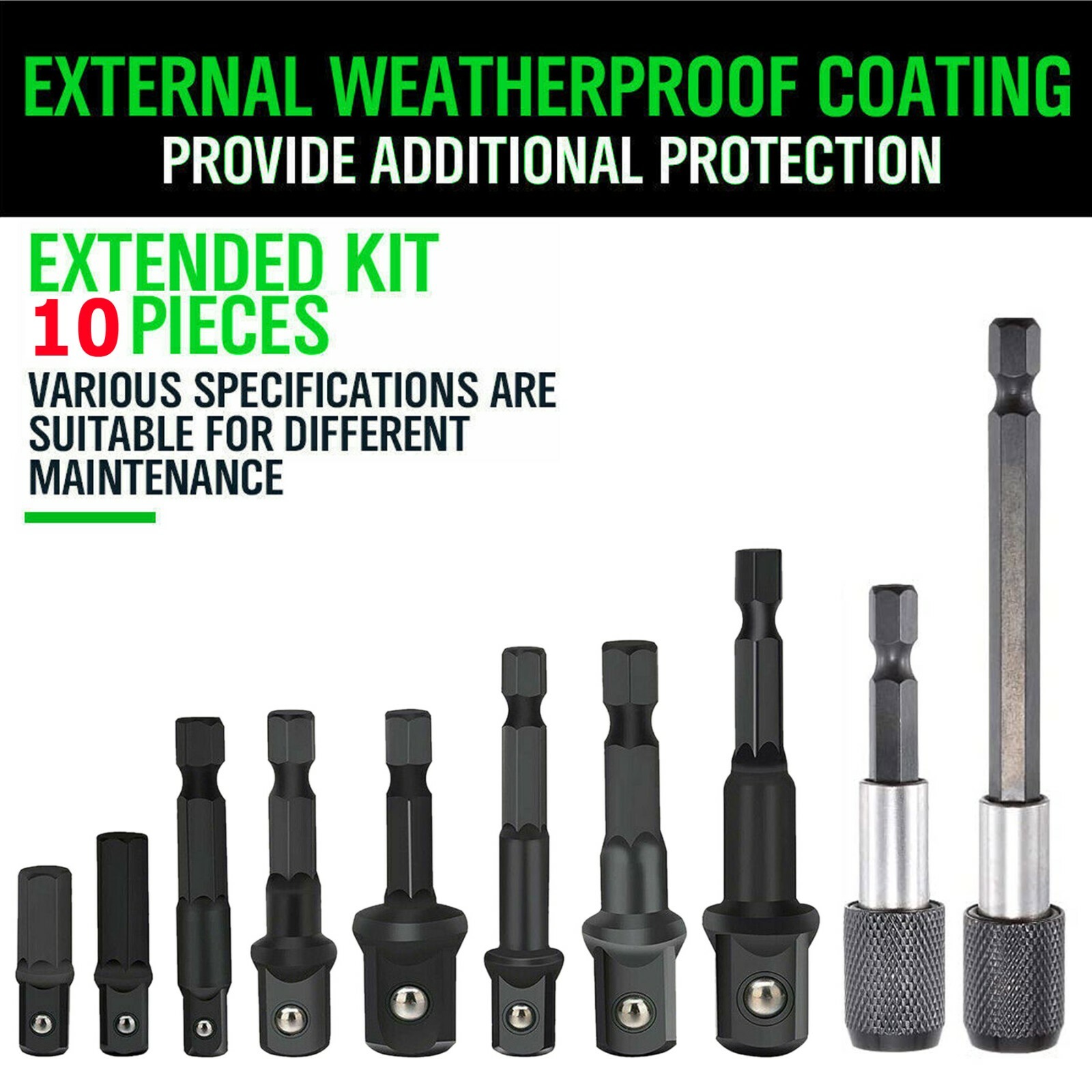 10pc 4" & 3" Impact Grade Socket Adapter Set 1/4" 3/8" 1/2" Drive 1/4" Hex Shank gallery