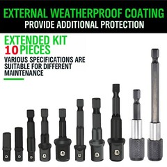 10pc 4″ & 3″ Impact Grade Socket Adapter Set 1/4″ 3/8″ 1/2″ Drive 1/4″ Hex Shank