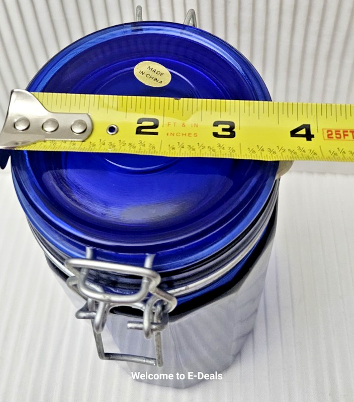Blue Glass Storage Jar 12 Panel Dodecagon Airtight Wire Clamp Lid 8 Inch Tall GA gallery