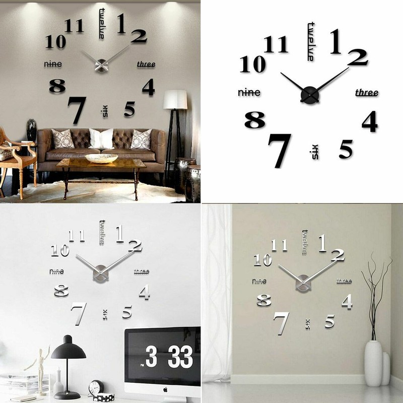 3D Mirror Surface Large Wall Clock Modern DIY Sticker Office Home Shop Art Decor gallery