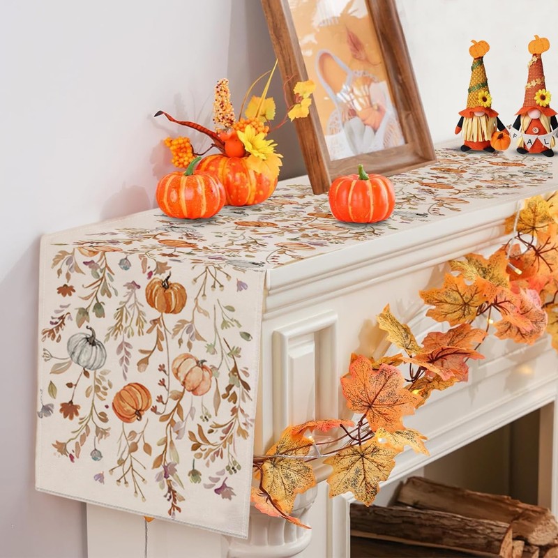 Orange Pumpkins Floral Fall Table Runner Autumn Thanksgiving Decor 13x48 Inch gallery
