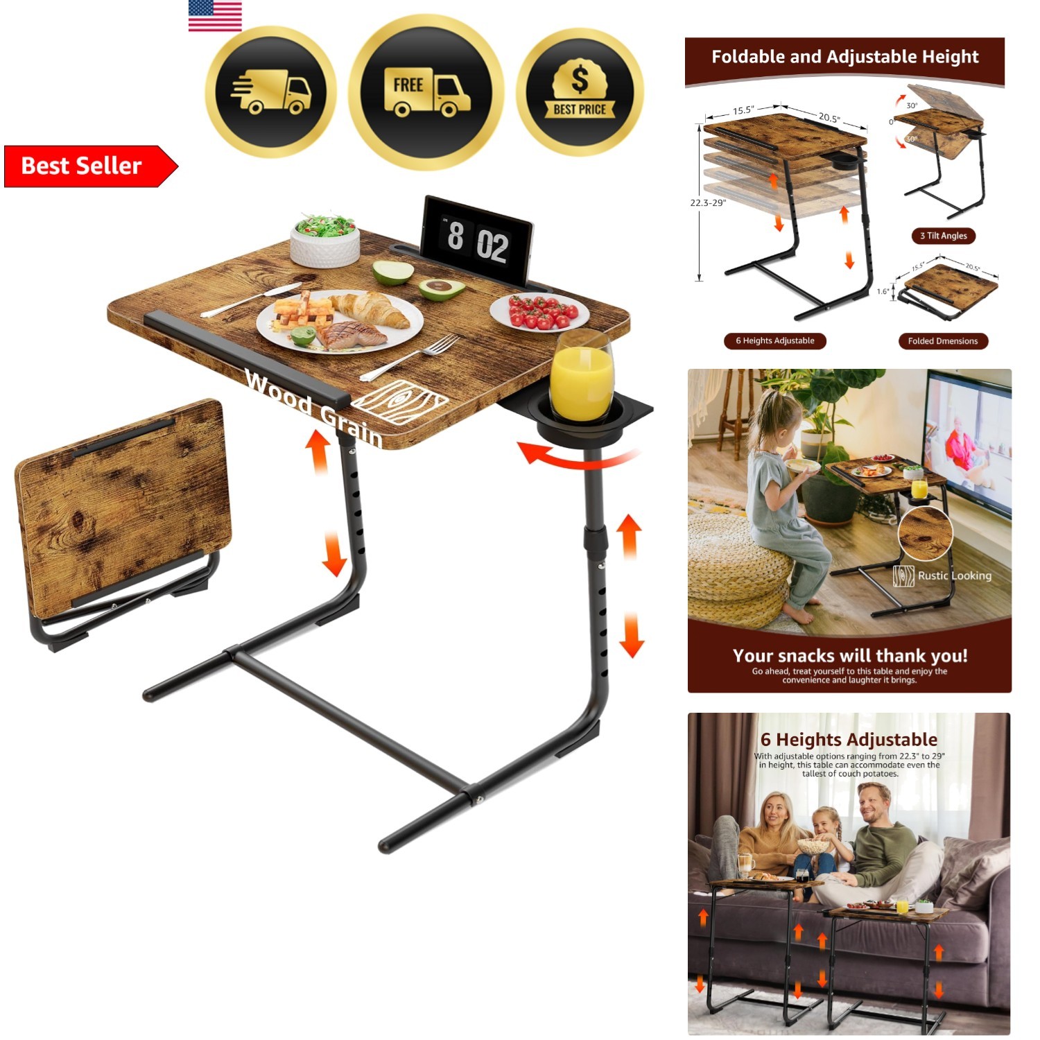 Folding TV Tray Table Adjustable Slim Modern Dinner Stand with Cup Holder gallery
