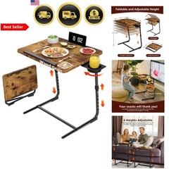 Folding TV Tray Table Adjustable Slim Modern Dinner Stand with Cup Holder