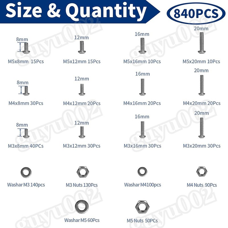 840Pcs M3 M4 M5 Button Head Hex Socket Cap Screws Bolts Nuts Washer Assortment gallery