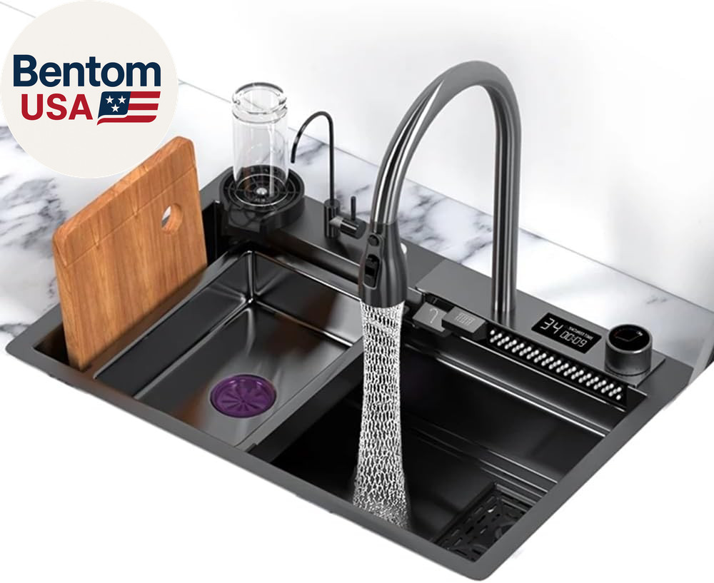 Black 304 Stainless Steel Kitchen Sink with Digital Display Faucet, Waterfall Ba gallery