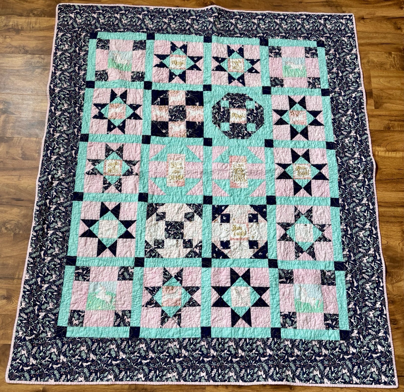 Handmade Patchwork Quilt 50x61” Girls Pink Teal Navy Unicorn Mermaid Narwhal gallery