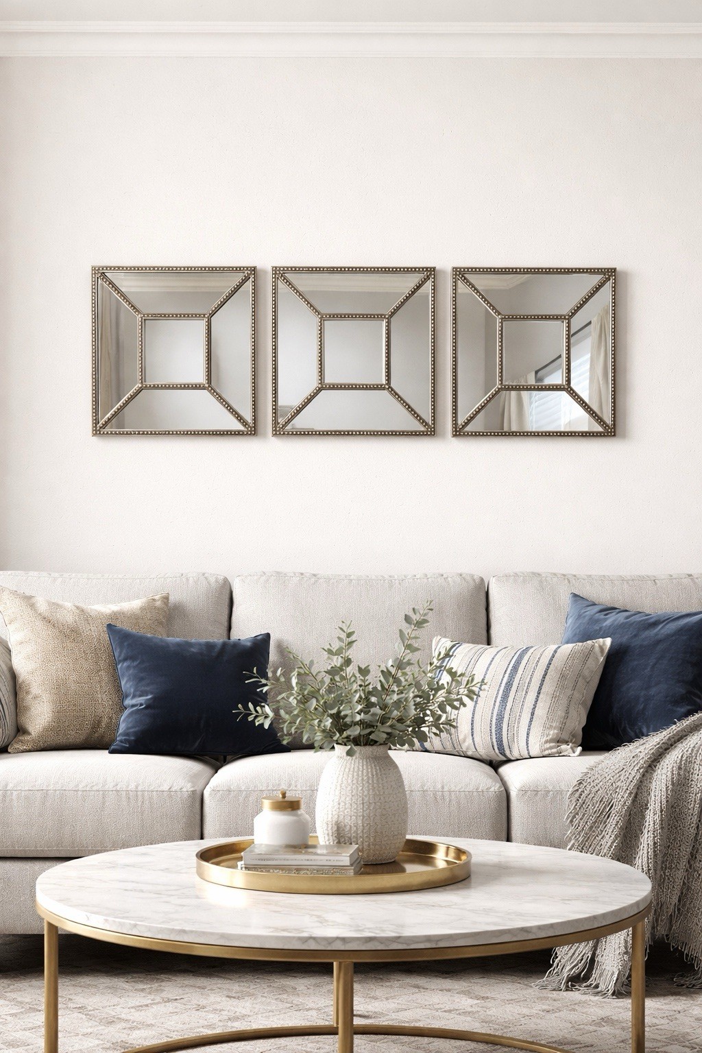Decorative Mirror Wall Hanging Studded Silver Square Frame Home Decor Set 3 gallery