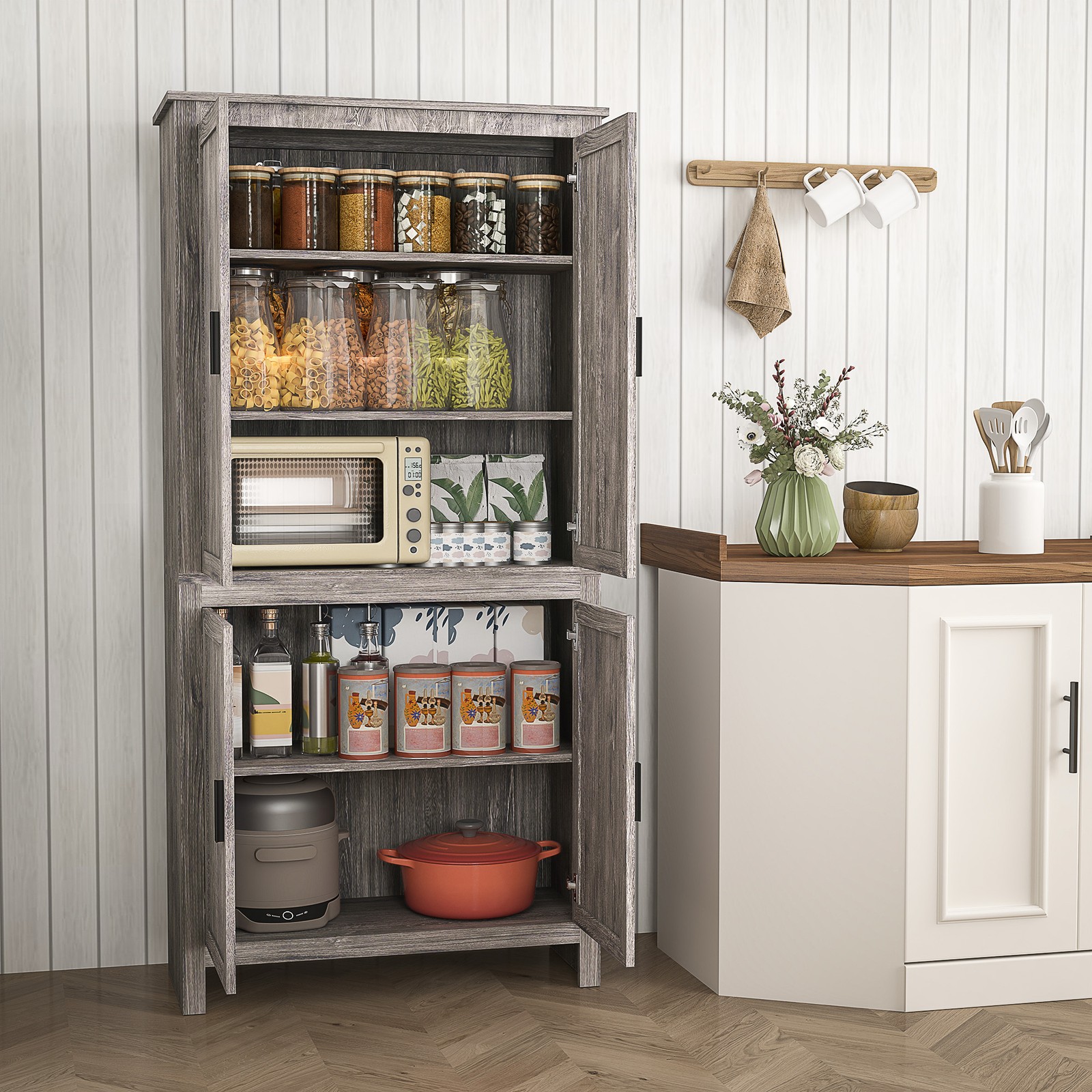 64" 4-Door Kitchen Freestanding Storage Pantry Cabinet w/ 5-tier Shelves, Gray gallery