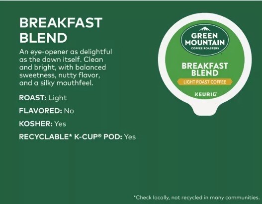 Green Mountain Breakfast Blend Coffee, Light Roast, 96 count. Free Shipping gallery