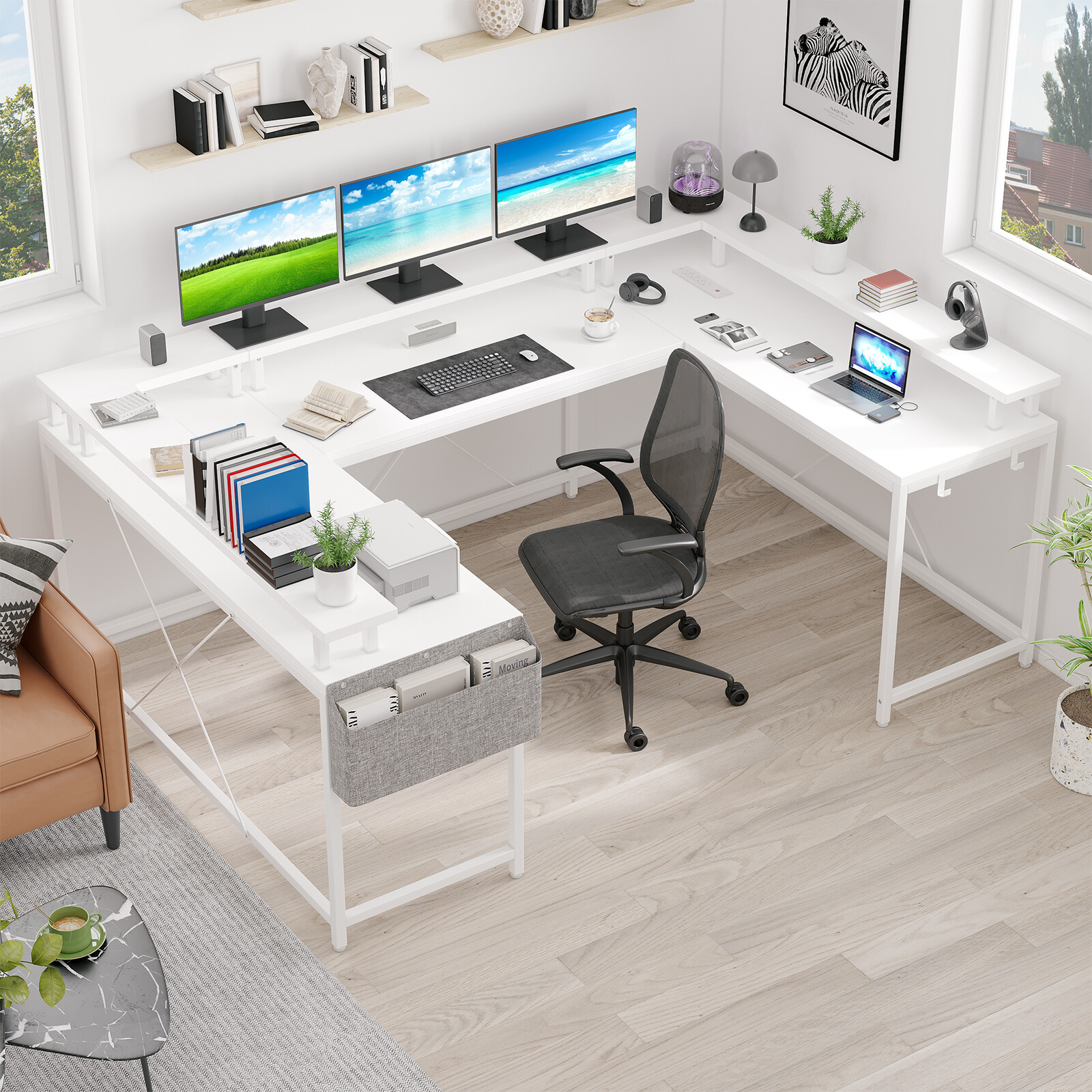 126in U Shaped Computer Gaming Desk, Reversible L Shaped Desk With Storage Shelf gallery