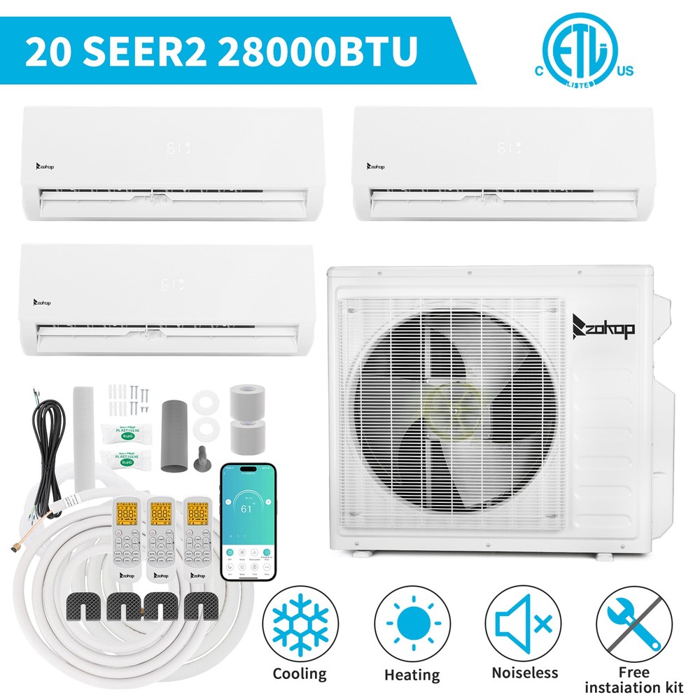 28000 BTU 3 Zone Ductless Mini Split Air Conditioner & Heat Pump -9K+9K+18K,Wifi