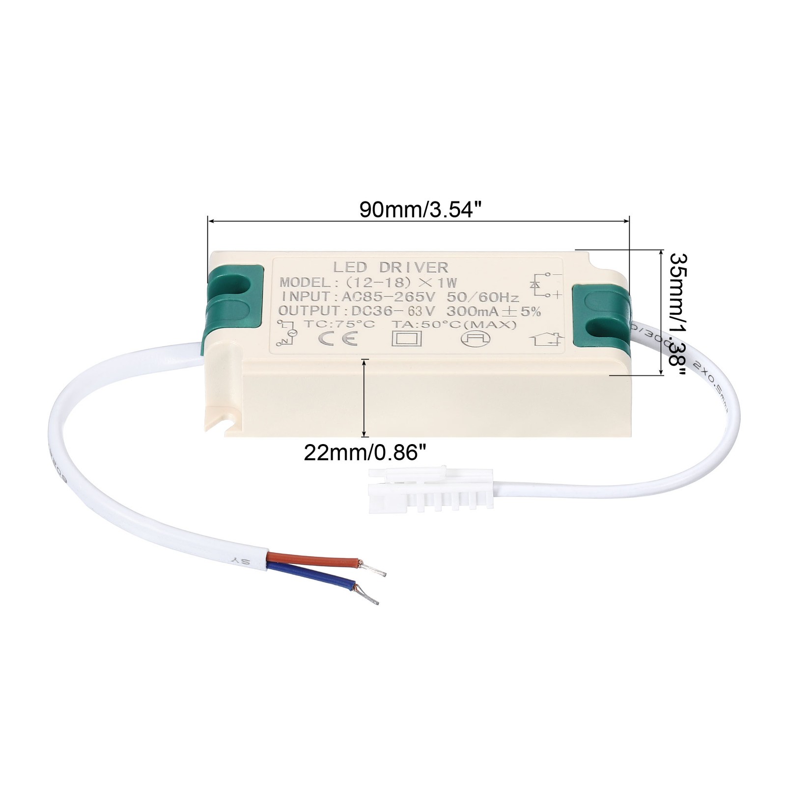 12-18W 300mA LED Driver AC 85-265V Output 36-63V DC Male Connector Current gallery