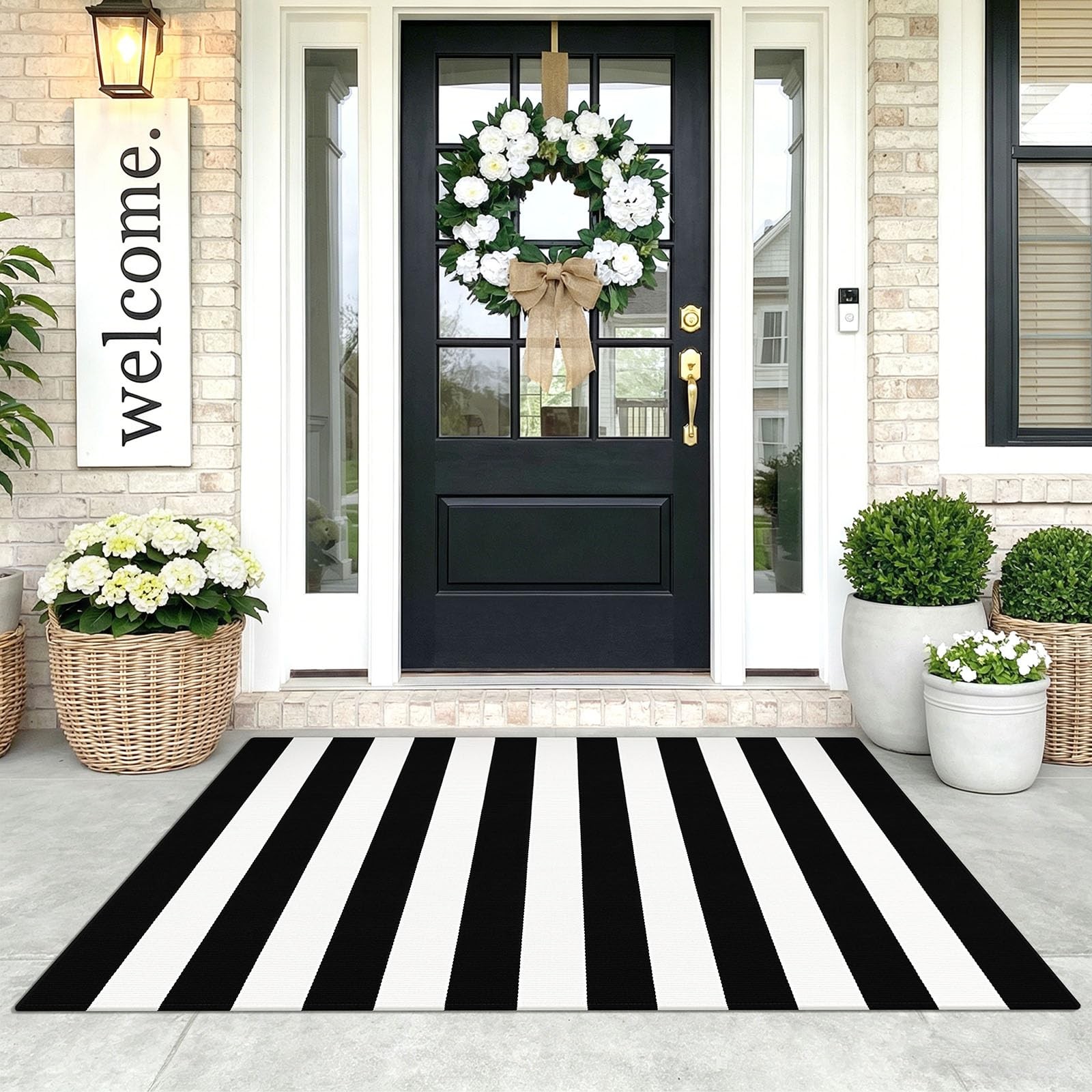 Black and White Striped Area Rug 3x5 Ft Front Door Rug Hand Woven Cotton Wash... gallery