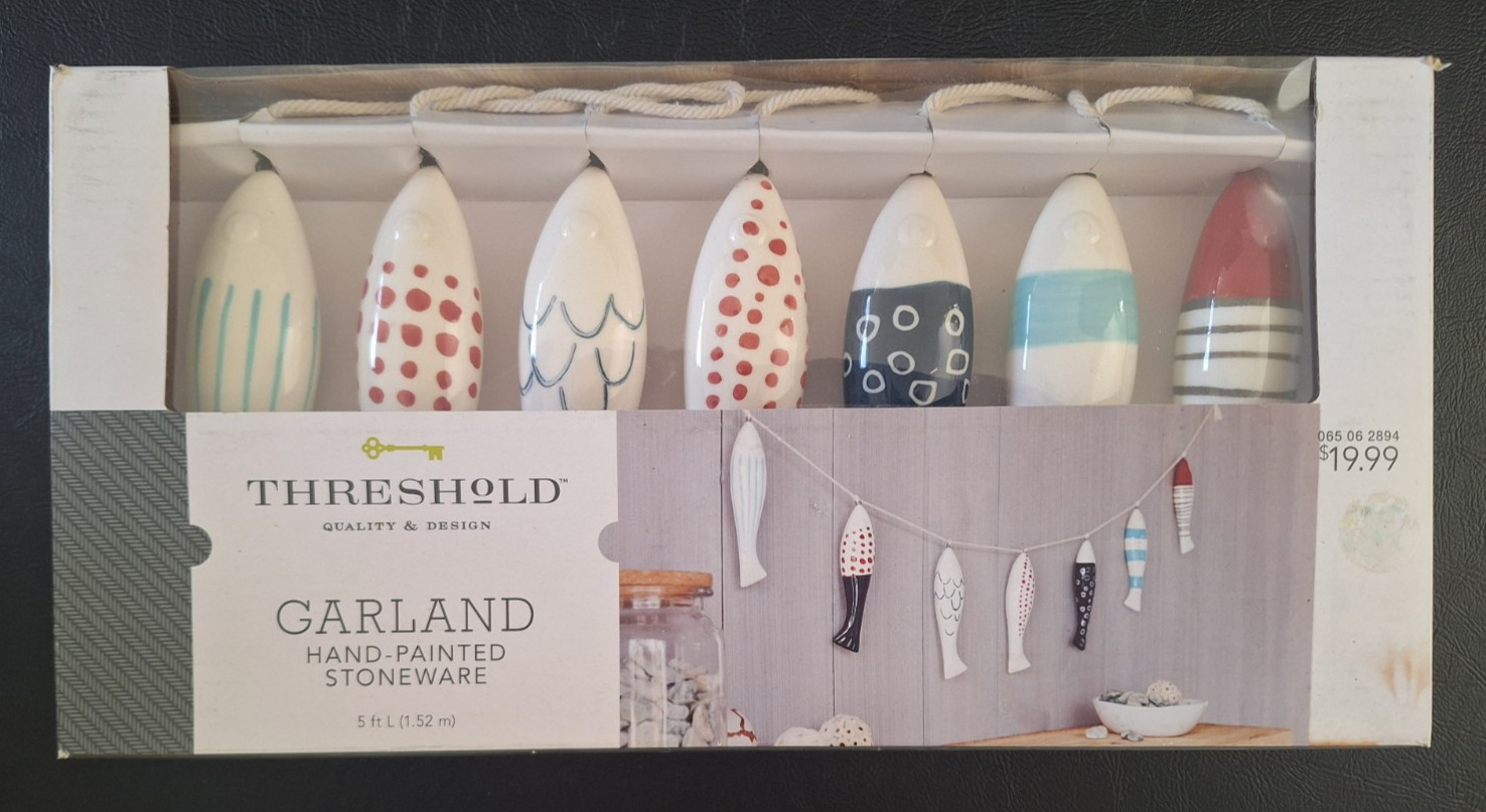 NEW Threshold Hand Painted Stoneware Garland 7 Unique Fish on 5 Ft String Beach gallery