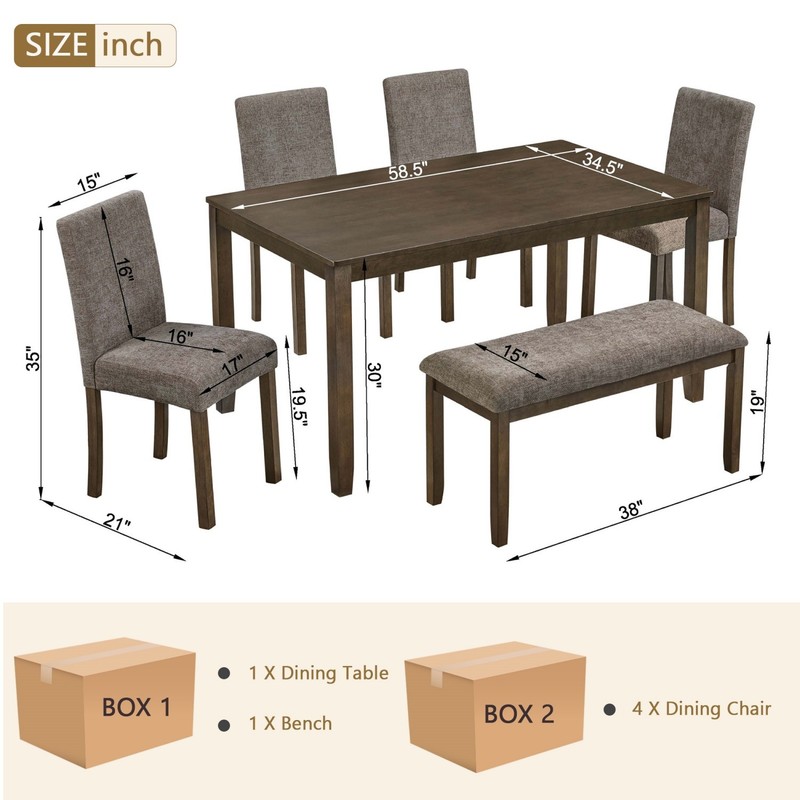 6-Piece Dining Table Set Wood Rectangular Rustic w/ 4 Upholstered Chairs & Bench gallery