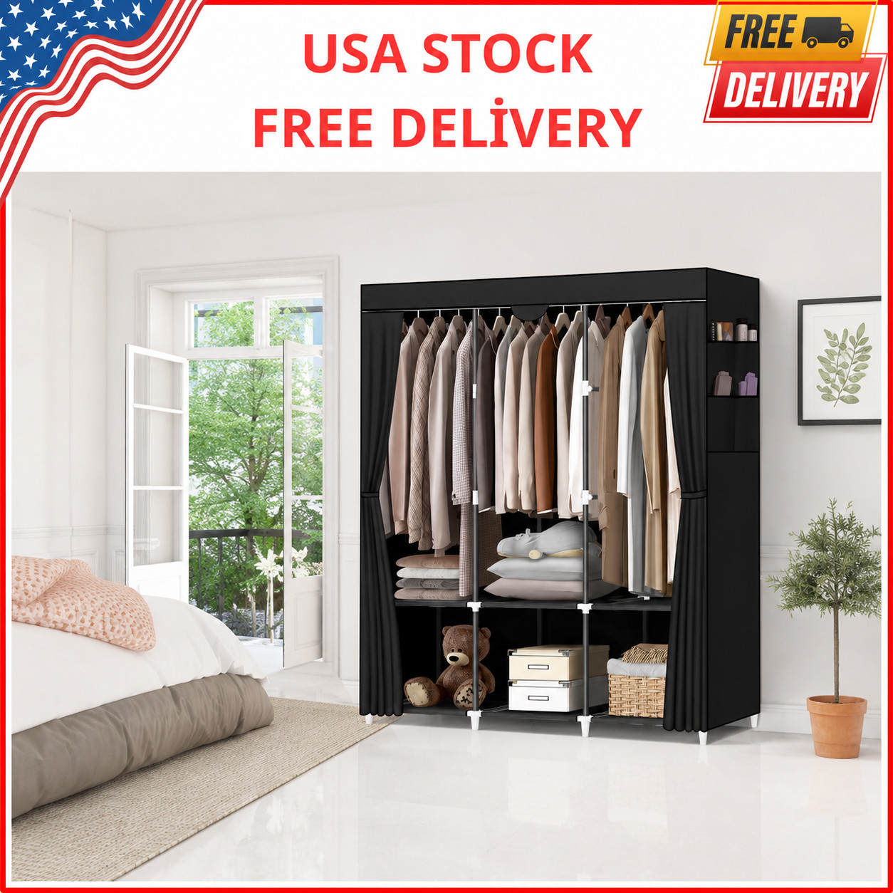 Portable Closet Wardrobe with 3 Hanging Rods 6 Shelves and Side Pockets Black gallery