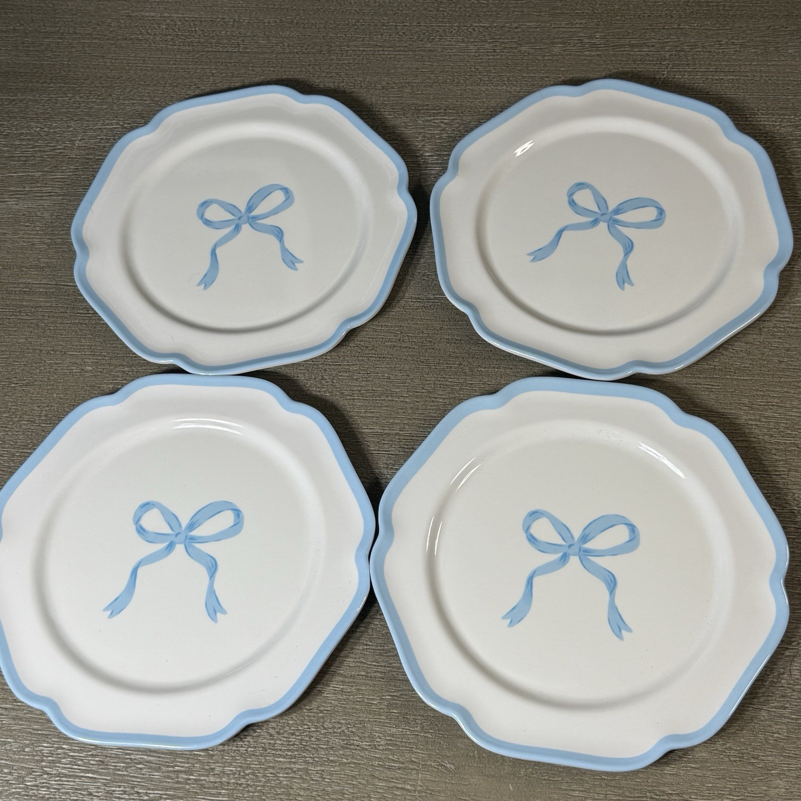 4 Shabby Chic Blue Bow Border Melamine Salad Plate 8" Dishwasher Safe gallery