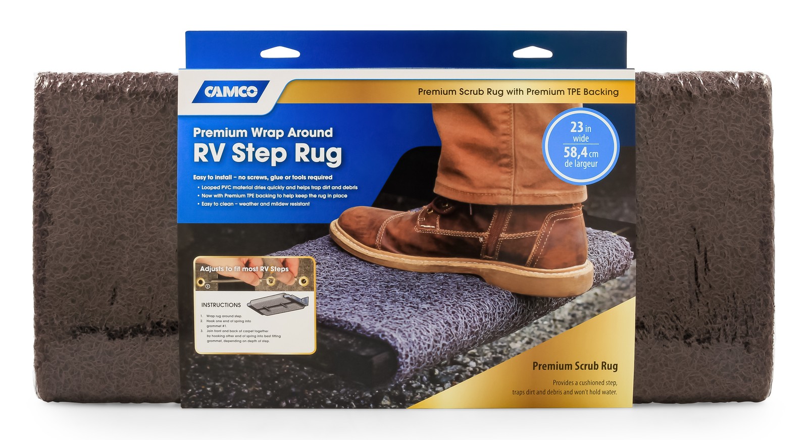 Camco Premium Wrap Around RV Step Rug with Looped PVC Material and Spring, Brown gallery