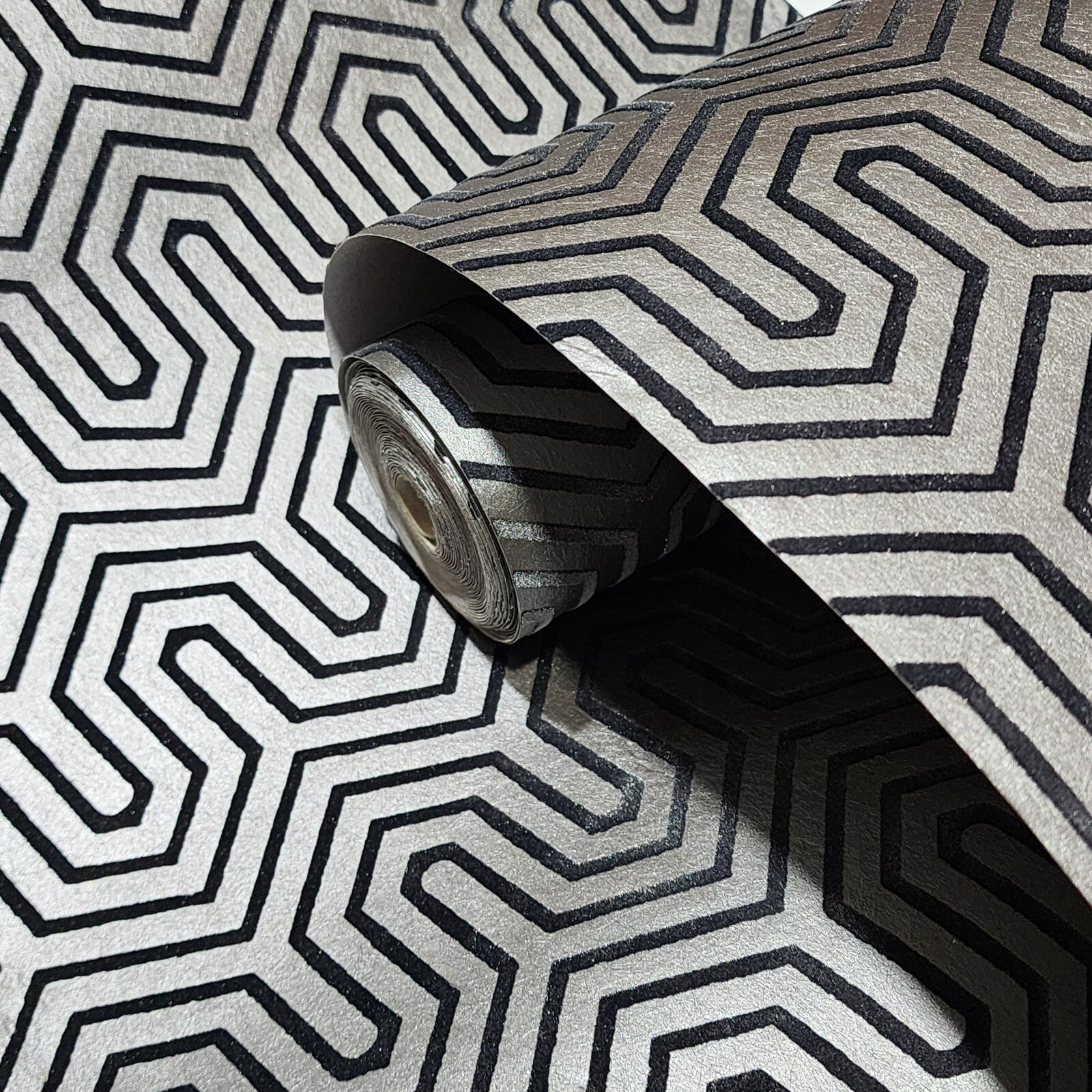 Navy blue foil silver metallic flocking Geo velvet Labyrinth flocked wallpaper gallery